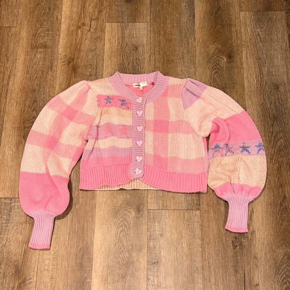 LoveShackFancy Pink Patchwork Heart Button Cropped Cardigan Sweater Star Small